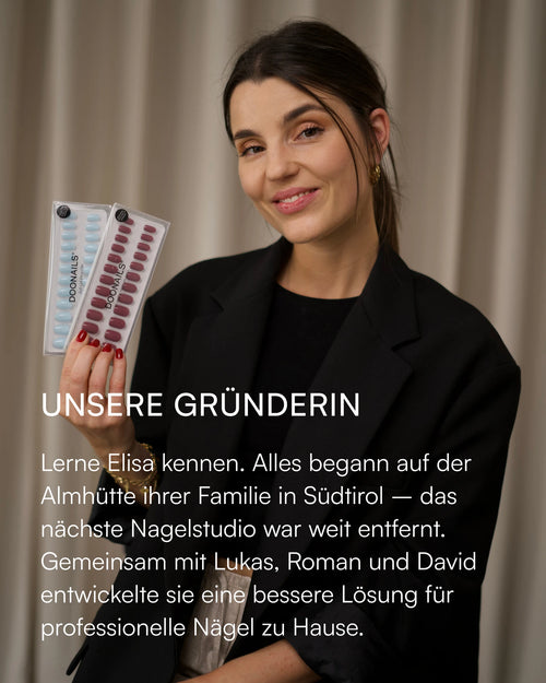Unsere Gründerin Elisa mit Doonails Press-Ons: Alles begann auf der Almhütte ihrer Familie in Südtirol.